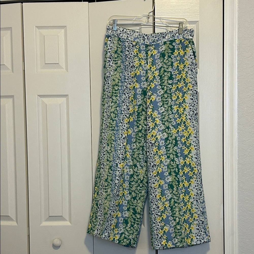 LOFT Green and Yellow Floral Wide Leg Pants